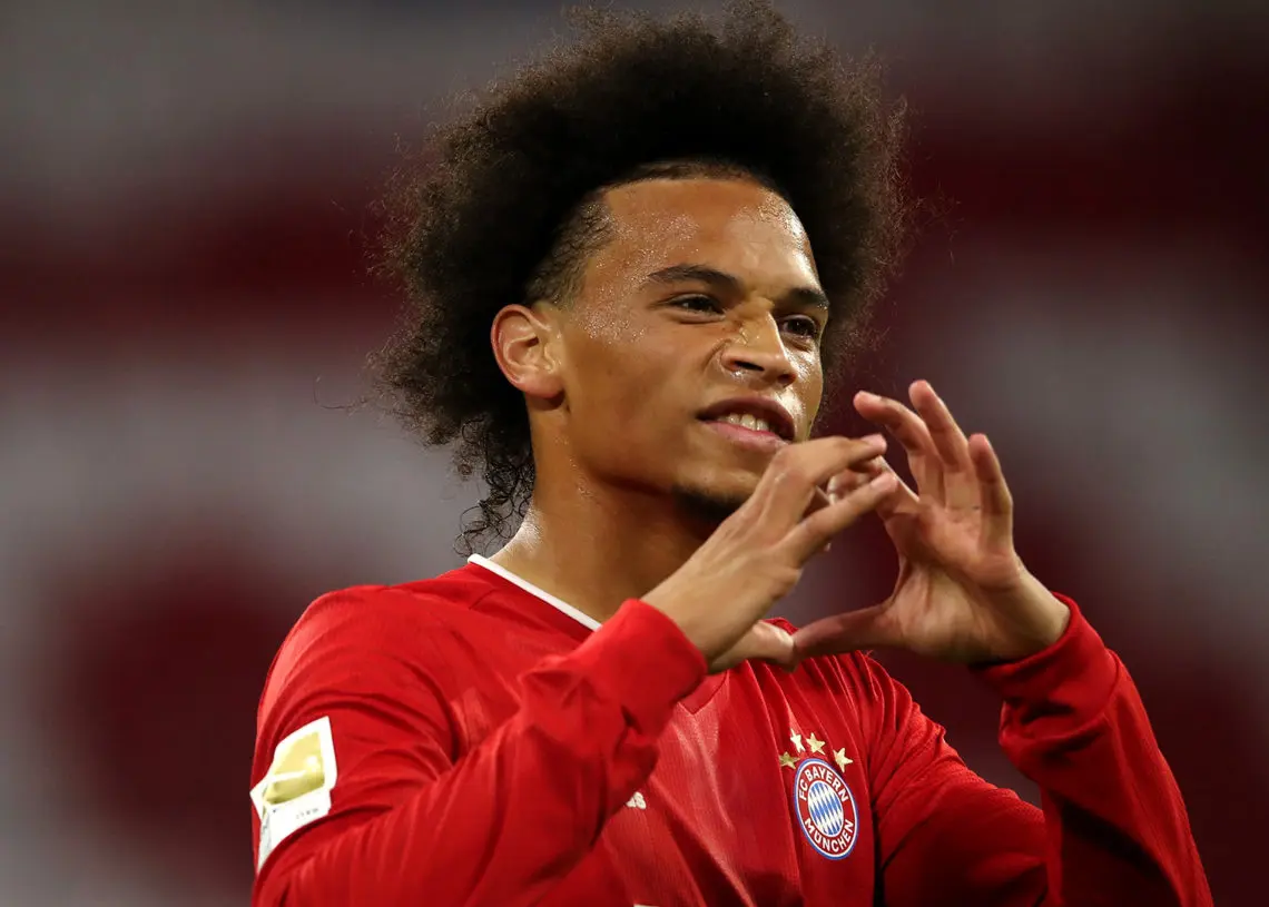 MUNICH, GERMANY - SEPTEMBER 18:  Leroy Sane of Bayern Munich celebrates after he scores his teams seventh goal during the Bundesliga match between FC Bayern Muenchen and FC Schalke 04 at Allianz Arena on September 18, 2020 in Munich, Germany. Fans are set to return to Bundesliga stadiums in Germany despite to the ongoing Coronavirus Pandemic. Up to 20% of stadium's capacity are allowed to be filled. Final decisions are left to local health authorities and are subject to club's hygiene concepts and the infection numbers in the corresponding region. The match in Munich is played behind closed doors due to the high number of new Covid-19 cases in the city of Munich. (Photo by Alexander Hassenstein/Getty Images)