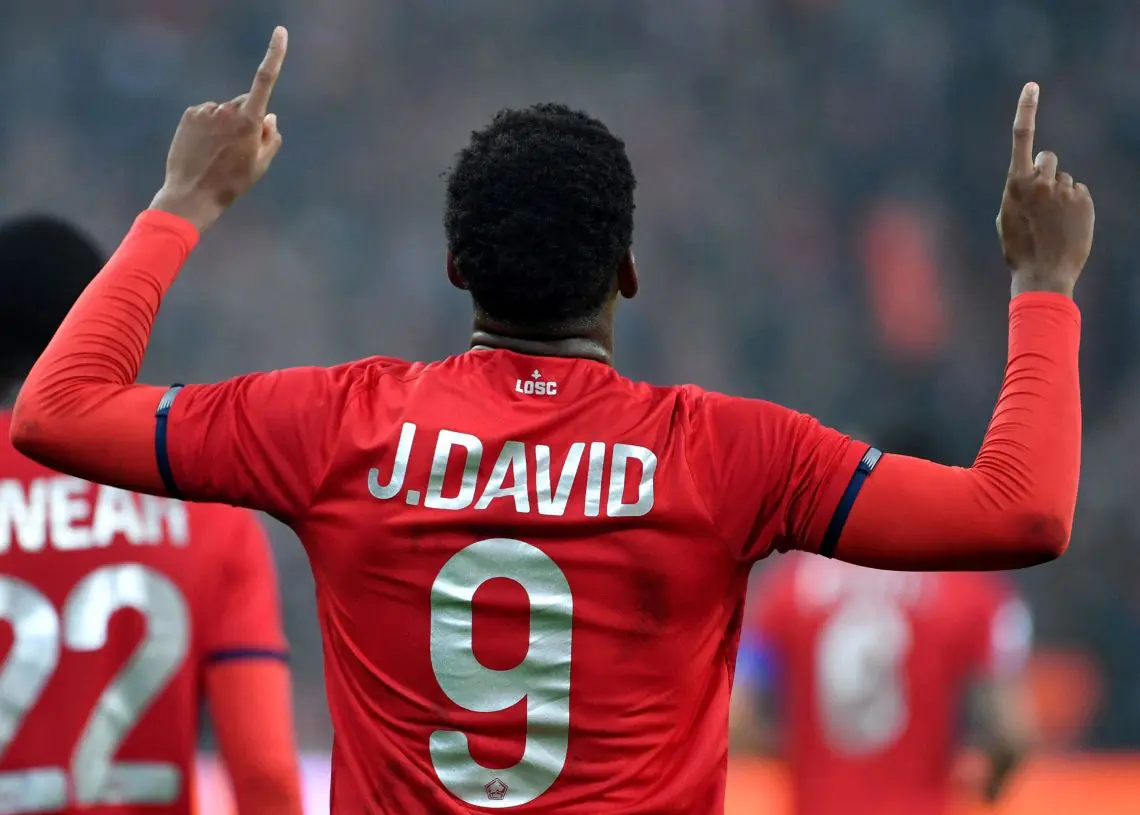 Lille's Canadian forward Jonathan David celebrates scoring his team's first goal during the UEFA Champions League first round group G football match between Lille (Losc) and Salzburg at the Pierre-Mauroy Stadium in Lille, northern France, on November 23, 2021. (Photo by Denis Charlet / AFP) (Photo by DENIS CHARLET/AFP via Getty Images)