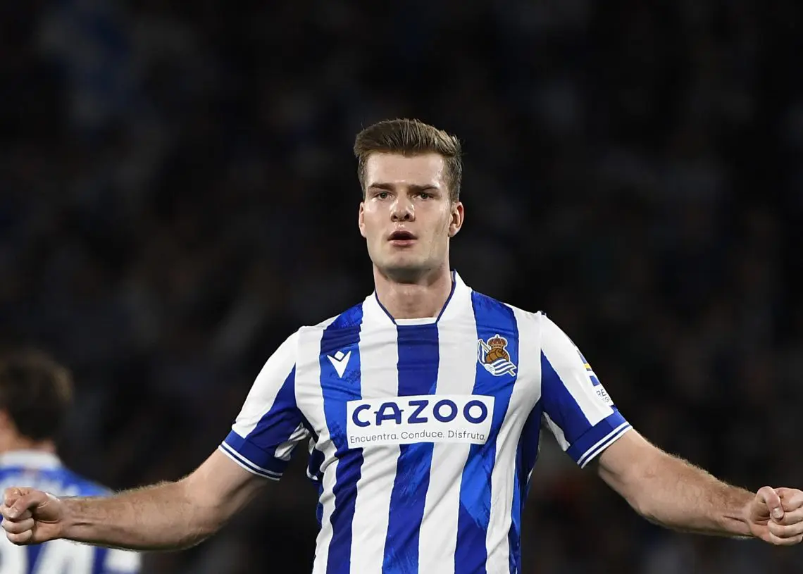 Real Sociedad's Norwegian forward Alexander Sorloth celebrates scoring his team's first goal during the Spanish League football match between Real Sociedad and Athletic Club Bilbao at the Anoeta stadium in San Sebastian on January 14, 2023. (Photo by ANDER GILLENEA / AFP) (Photo by ANDER GILLENEA/AFP via Getty Images)