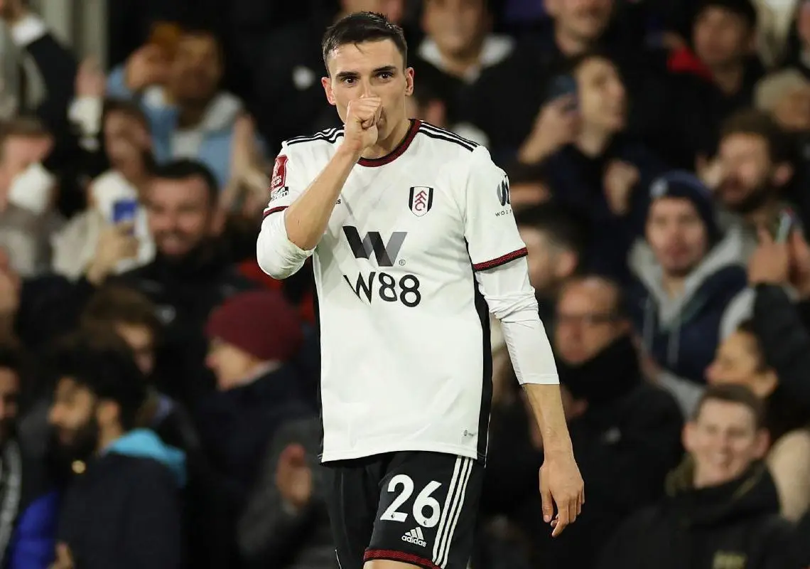 2NWD255 Fulham's Joao Palhinha celebrates after scoring the opening goal during the English FA Cup soccer match between Fulham and Leeds United at Craven Cottage in London, Tuesday, Feb. 28, 2023. (AP Photo/Ian Walton)