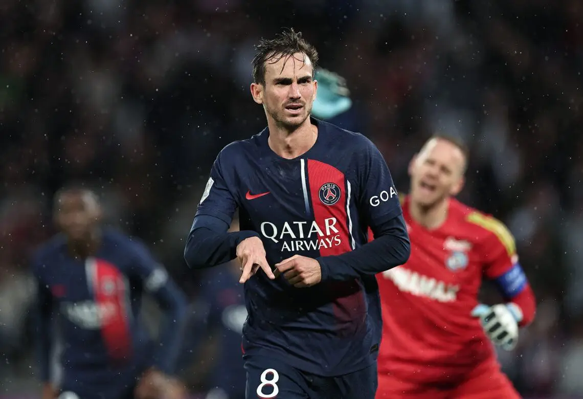 Paris Saint-Germain's Spanish midfielder #08 Fabian Ruiz celebrates scoring his team's third goal during the French L1 football match between Paris Saint-Germain (PSG) and Strasbourg at the Parc des Princes stadium in Paris on October 21, 2023. (Photo by FRANCK FIFE / AFP) (Photo by FRANCK FIFE/AFP via Getty Images)