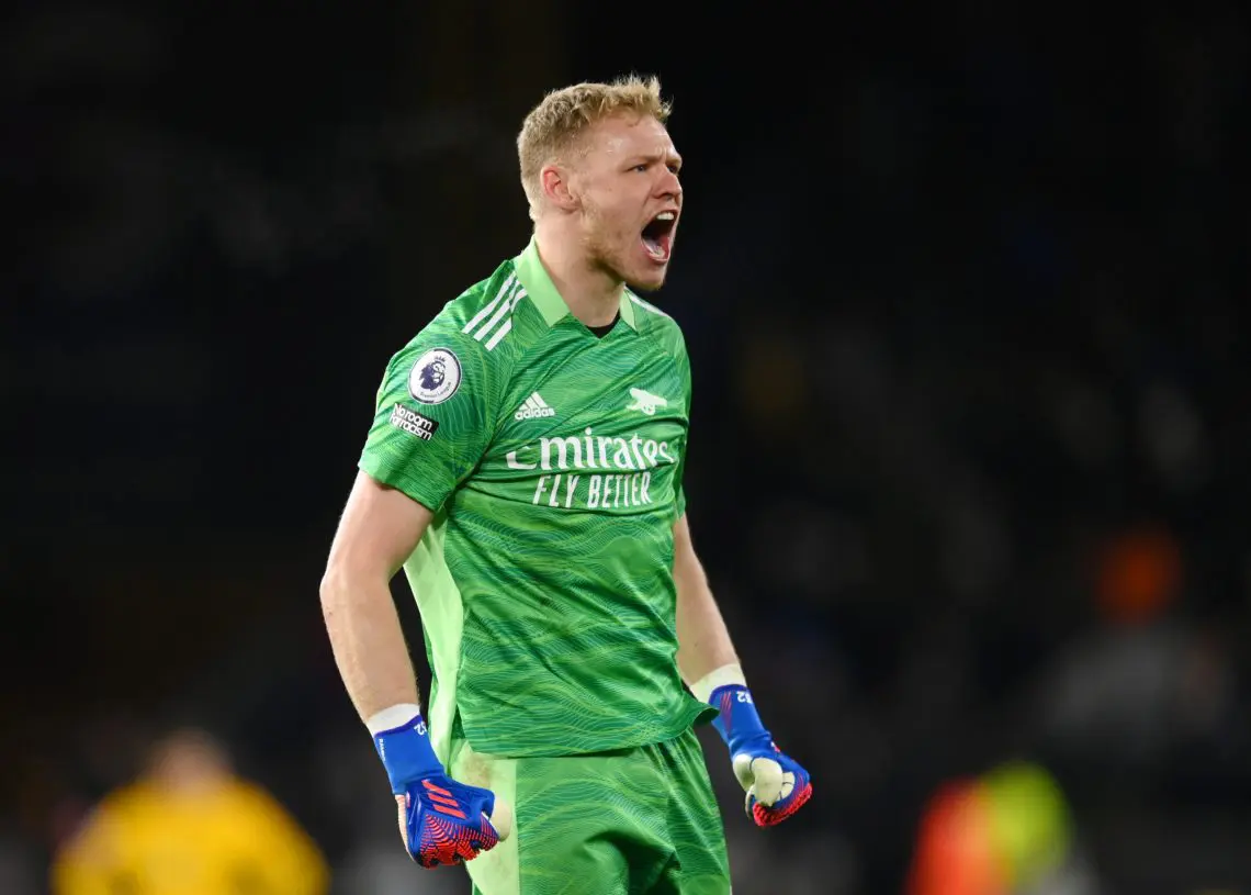 WOLVERHAMPTON, ENGLAND - FEBRUARY 10: Aaron Ramsdale of Arsenal celebrates victory at full-time during the Premier League match between Wolverhampton Wanderers and Arsenal at Molineux on February 10, 2022 in Wolverhampton, England. (Photo by Clive Mason/Getty Images)