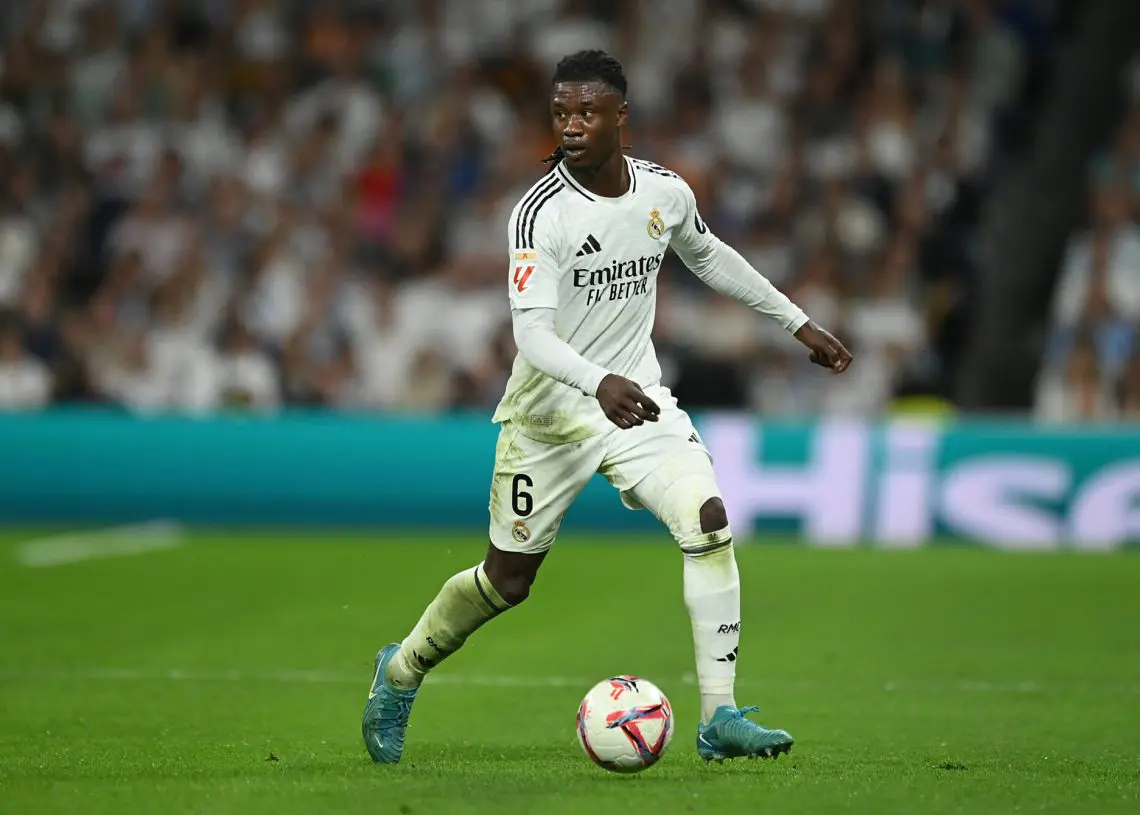 MADRID, SPAIN - OCTOBER 05: Eduardo Camavinga of Real Madrid controls the ball during the LaLiga match between Real Madrid CF and Villarreal CF  at Estadio Santiago Bernabeu on October 05, 2024 in Madrid, Spain. (Photo by Denis Doyle/Getty Images)